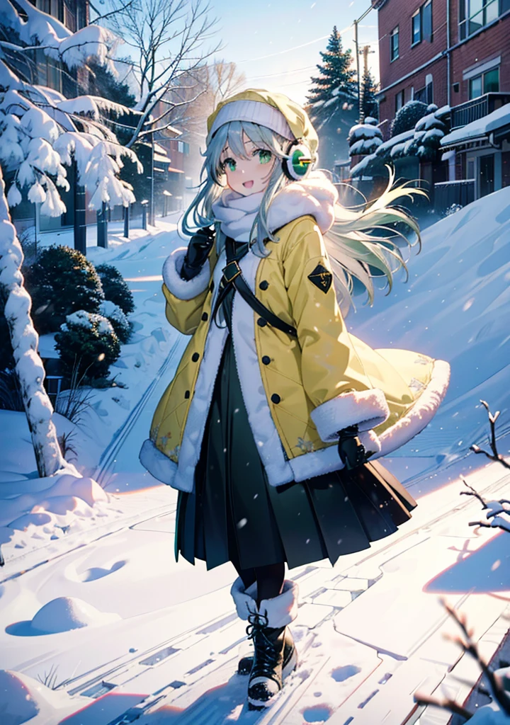 index, index, (Green Eyes:1.5), Silver Hair, Long Hair, (Flat Chest:1.2),happy smile, smile, Open your mouth,Knitted hat,Yellow long coat,White Tokkuri Sweater,Earmuffs,Red baggy gloves,White scarf,Black long skirt,Black pantyhose,short boots,Walking,Snow is piled up,It&#39;s snowing,Snow Scene,Shirogane World,night,moonlight,Let the world enter your illustrations,
break looking at viewer, whole body,
break outdoors, Snow Country,Residential Street,
break (masterpiece:1.2), Highest quality, High resolution, unity 8k wallpaper, (figure:0.8), (Beautiful attention to detail:1.6), Highly detailed face, Perfect lighting, Highly detailed CG, (Perfect hands, Perfect Anatomy),