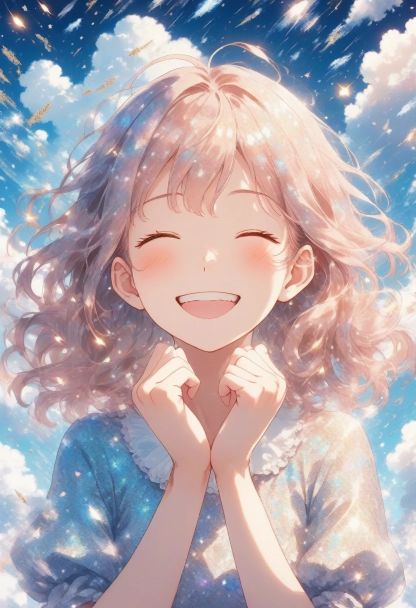 score_9, score_8_up, score_7_up, score_6_up, score_5_up, score_4_up, source_anime, woman smiling cutely with her chin in her hands, cloud effect, glitter effect, warm color effec