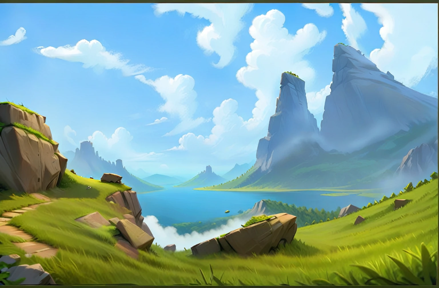 Stone Mountain，lookout tower，grassland，cliff。Fantasy style.Concept Art, Pixar,, best quality，Clash Royale style