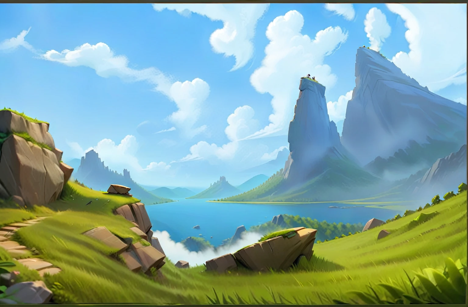 Stone Mountain，lookout tower，grassland，cliff。Fantasy style.Concept Art, Pixar,, best quality，Clash Royale style