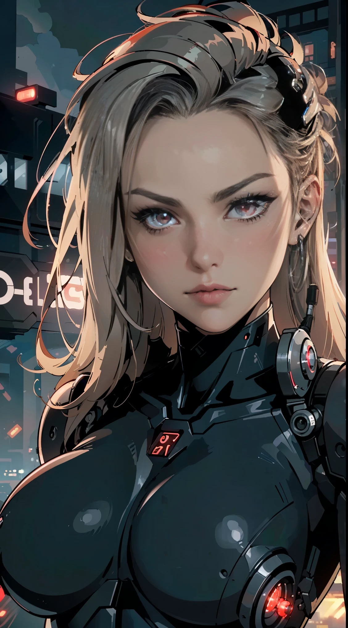 (best quality,ultra-detailed,realistic:1.37),woman cyborg,red eyes,evil,anime,huge ,sleek metallic body,expressionless face,glowing circuits,enormous energy blade,mechanical limbs,dystopian city backdrop,neon lights reflection,dark and ominous atmosphere