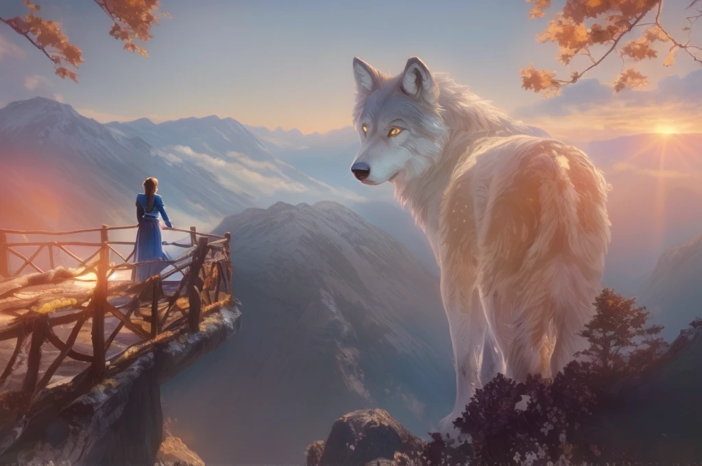 Magical digital illustration, surrealism, sunset, huge wolf walk among the mountains,  turns round and looks at the girl, girl standing with her back, A girl stands on a wooden balcony overlooking a vast, misty mountain landscape, a girl dressed in a Caucasian national dress, with two long braids, calm peaceful atmosphere, natural light, (( Artem Chebokha, Devin Elle Kurtz, Rossdraws style)), Peter Morbacher style, awarded on artstation, cinematic light, magical light, The scene combines elements of fantasy and nature: the man is looking into the distance, while the huge wolf adds a surreal touch.