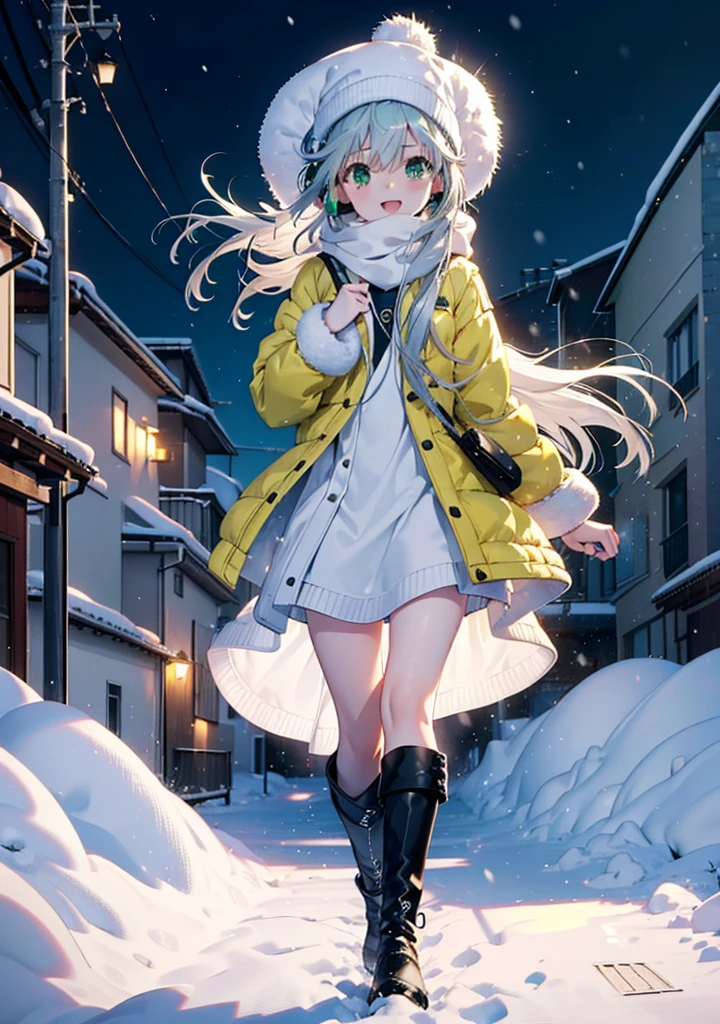 index, index, (Green Eyes:1.5), Silver Hair, Long Hair, (Flat Chest:1.2),happy smile, smile, Open your mouth,Knitted hat,Yellow long coat,White Tokkuri Sweater,Earmuffs,White scarf,Black long skirt,Black pantyhose,short boots,Walking,Snow is piled up,It&#39;s snowing,Snow Scene,Shirogane World,night,moonlight,Let the world enter your illustrations,
break looking at viewer, whole body,
break outdoors, Snow Country,Residential Street,
break (masterpiece:1.2), Highest quality, High resolution, unity 8k wallpaper, (figure:0.8), (Beautiful attention to detail:1.6), Highly detailed face, Perfect lighting, Highly detailed CG, (Perfect hands, Perfect Anatomy),