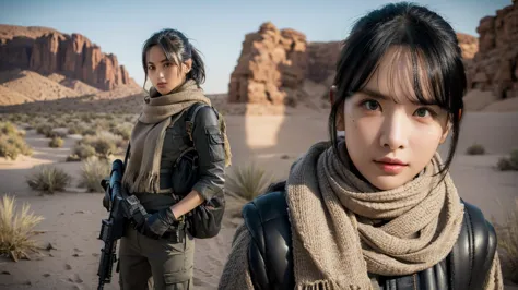 sexy, small breast, gloves, serious face, black cargo pants, shooting, assault rifle, desert scarf, scarf covering mouth, desert...