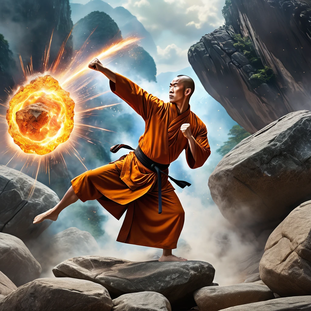 a monk practicing kungfu martial art demonstrating inner power punch in dragon style hit and crushing a big rock, hand straight to the rock(the rock explode 1.8), the punch shows as a fire dragon emerge from his fist (transparency effect of dragon image from the fist 1.5), photo realistic, super detailed, dramatic art, photoillustration, nebula explosion background, energy light shoot to the rock. 8k, UHD