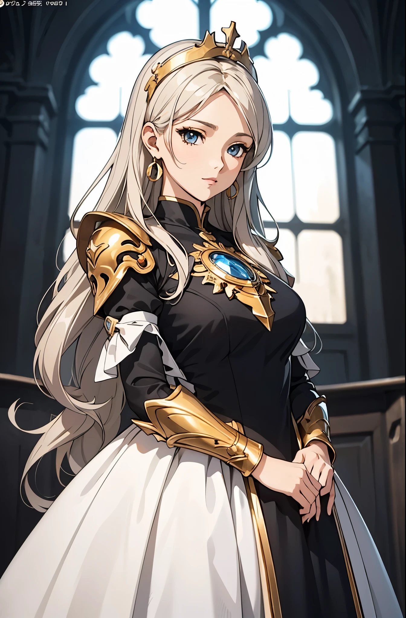 ((Masterpiece artwork, top-quality, official anime art, beautiful and aesthetic:1.2)), (1 girl:1.3), (full head: 1.9), (Clothing must cover the entire body), (Loose or baggy dress covering the entire body), (Holy Commander Knight, slender and blonde), solid colors, a noble and mature Catholic woman, looking at the observer, soft smiling, Soft makeup, mysterious, set in medieval Europe, The woman has 1.68 m high, graceful pose, woman with blonde hair, slightly long hair, fine wavy hair, flowing hair tied with beautiful ornaments, asymmetrical bangs, wear earrings, blue-gray eyes with a slight greenish tint, glare eyes, perfects eyes, face perfect, Delicate Lashes, sacred vestment, guild outfit with super light and thin ornate armor, long modest dress, white and black dress with minimal details in blue and gold, the dress should fit loosely on the woman&#39;s body, the woman wears a golden Christian cross around her neck, The character must only be visible from the front, completely natural position, meticulous portrait of the face, inside a castle, perfect background, soft lighting.