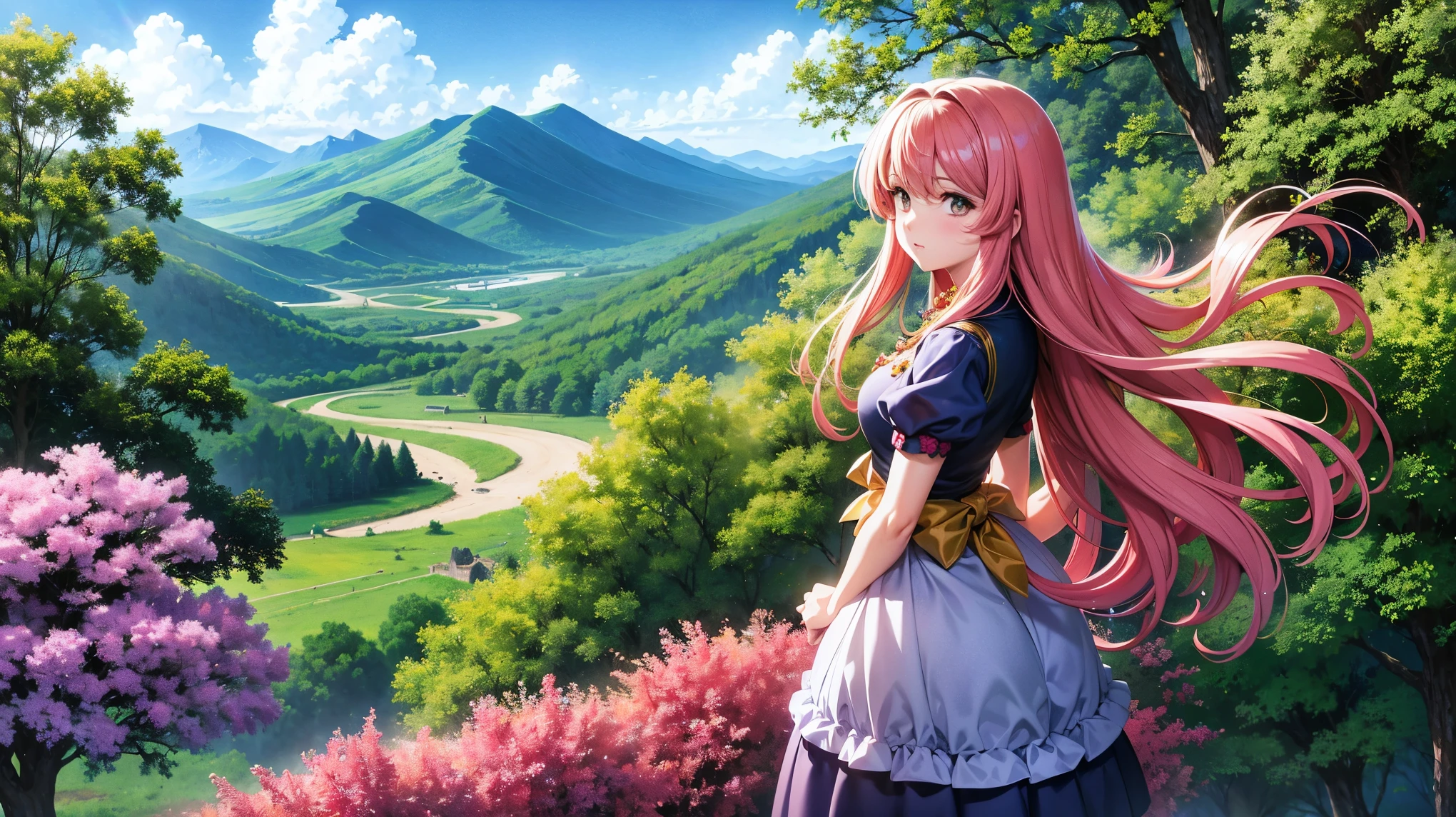 anime-style illustration, a young woman standing on hills overlooks the vast expanse of clear blue sky and underneath a large valley mountain with flower colorful color blue red green purple yellow and fantasy world medieval mega-building, rocks, tree branches, fallen leaves, birds, The scene is depicted in a highly saturated and vibrant style, intense and rich colors vivid, rendered with strong exaggerated colors, The sky above is clear blue sky, The atmosphere is full of magical color films, High Detail.