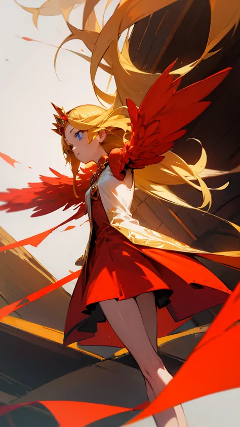 1 girl,alone,Harpyie, Stand,blond hair,weave, blue eyes, Long hair,red feathers,Wing arms,bird legs, short dress, woods,tiara