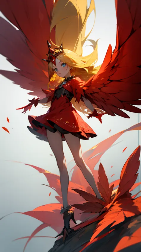 1 girl,alone,Harpyie, Stand,blond hair,weave, blue eyes, Long hair,red feathers,Wing arms,bird legs, short dress, woods,tiara