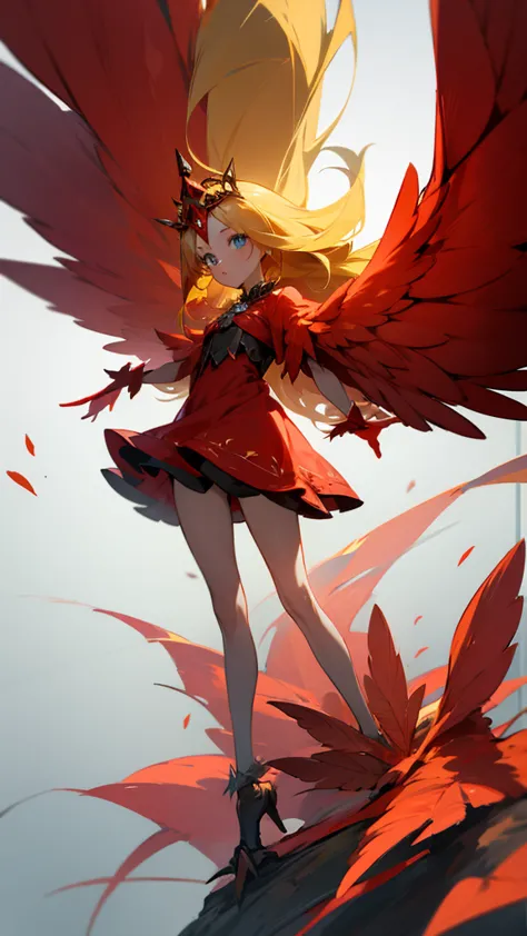 1 girl,alone,harpyie, stand,blond hair,weave, blue eyes, long hair,red feathers,wing arms,bird legs, short dress, woods,tiara