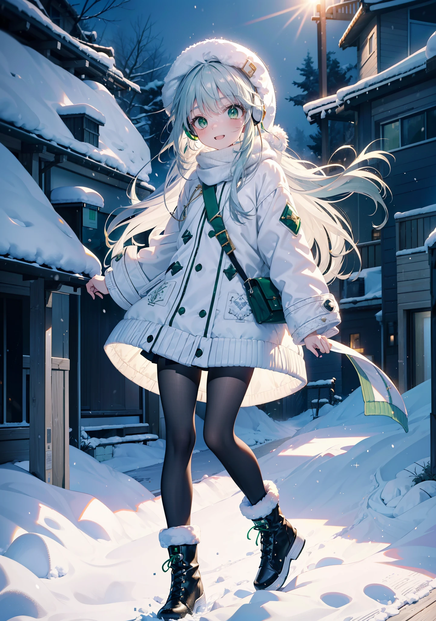 index, index, (Green Eyes:1.5), Silver Hair, Long Hair, (Flat Chest:1.2),happy smile, smile, Open your mouth,Knitted hat,Yellow long coat,White Tokkuri Sweater,Earmuffs,White scarf,Black long skirt,Black pantyhose,short boots,Walking,Snow is piled up,It&#39;s snowing,Snow Scene,Shirogane World,night,moonlight,Let the world enter your illustrations,
break looking at viewer, whole body,
break outdoors, Snow Country,Residential Street,
break (masterpiece:1.2), Highest quality, High resolution, unity 8k wallpaper, (figure:0.8), (Beautiful attention to detail:1.6), Highly detailed face, Perfect lighting, Highly detailed CG, (Perfect hands, Perfect Anatomy),