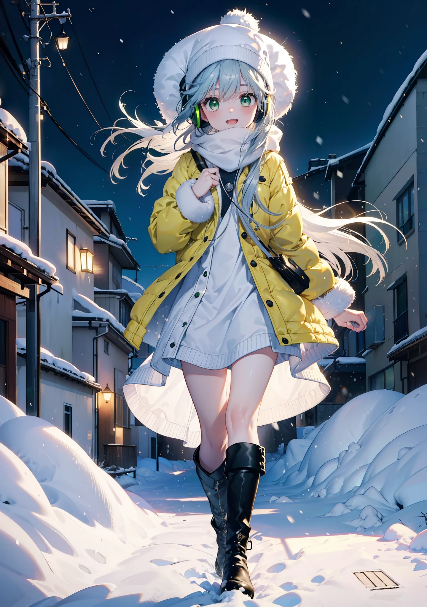 index, index, (Green Eyes:1.5), Silver Hair, Long Hair, (Flat Chest:1.2),happy smile, smile, Open your mouth,Knitted hat,Yellow long coat,White Tokkuri Sweater,Earmuffs,White scarf,Black long skirt,Black pantyhose,short boots,Walking,Snow is piled up,It&#39;s snowing,Snow Scene,Shirogane World,night,moonlight,Let the world enter your illustrations,
break looking at viewer, whole body,
break outdoors, Snow Country,Residential Street,
break (masterpiece:1.2), Highest quality, High resolution, unity 8k wallpaper, (figure:0.8), (Beautiful attention to detail:1.6), Highly detailed face, Perfect lighting, Highly detailed CG, (Perfect hands, Perfect Anatomy),