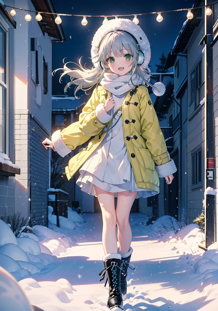 index, index, (Green Eyes:1.5), Silver Hair, Long Hair, (Flat Chest:1.2),happy smile, smile, Open your mouth,Knitted hat,Yellow long coat,White Tokkuri Sweater,Earmuffs,White scarf,Black long skirt,Black pantyhose,short boots,Walking,Snow is piled up,It&#39;s snowing,Snow Scene,Shirogane World,night,moonlight,Let the world enter your illustrations,
break looking at viewer, whole body,
break outdoors, Snow Country,Residential Street,
break (masterpiece:1.2), Highest quality, High resolution, unity 8k wallpaper, (figure:0.8), (Beautiful attention to detail:1.6), Highly detailed face, Perfect lighting, Highly detailed CG, (Perfect hands, Perfect Anatomy),