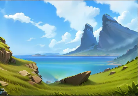 stone mountain，grassland，cliff。fantasy style.concept art, pixar,, best quality，clash royale style