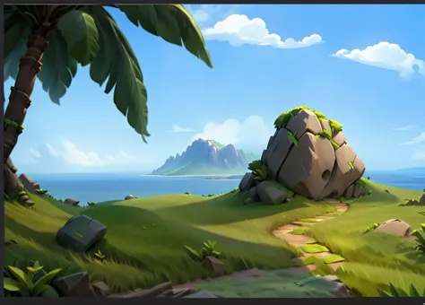 coconut tree，Stone Mountain，grassland，cliff。Fantasy style.Concept Art, Pixar,, best quality，Clash Royale style