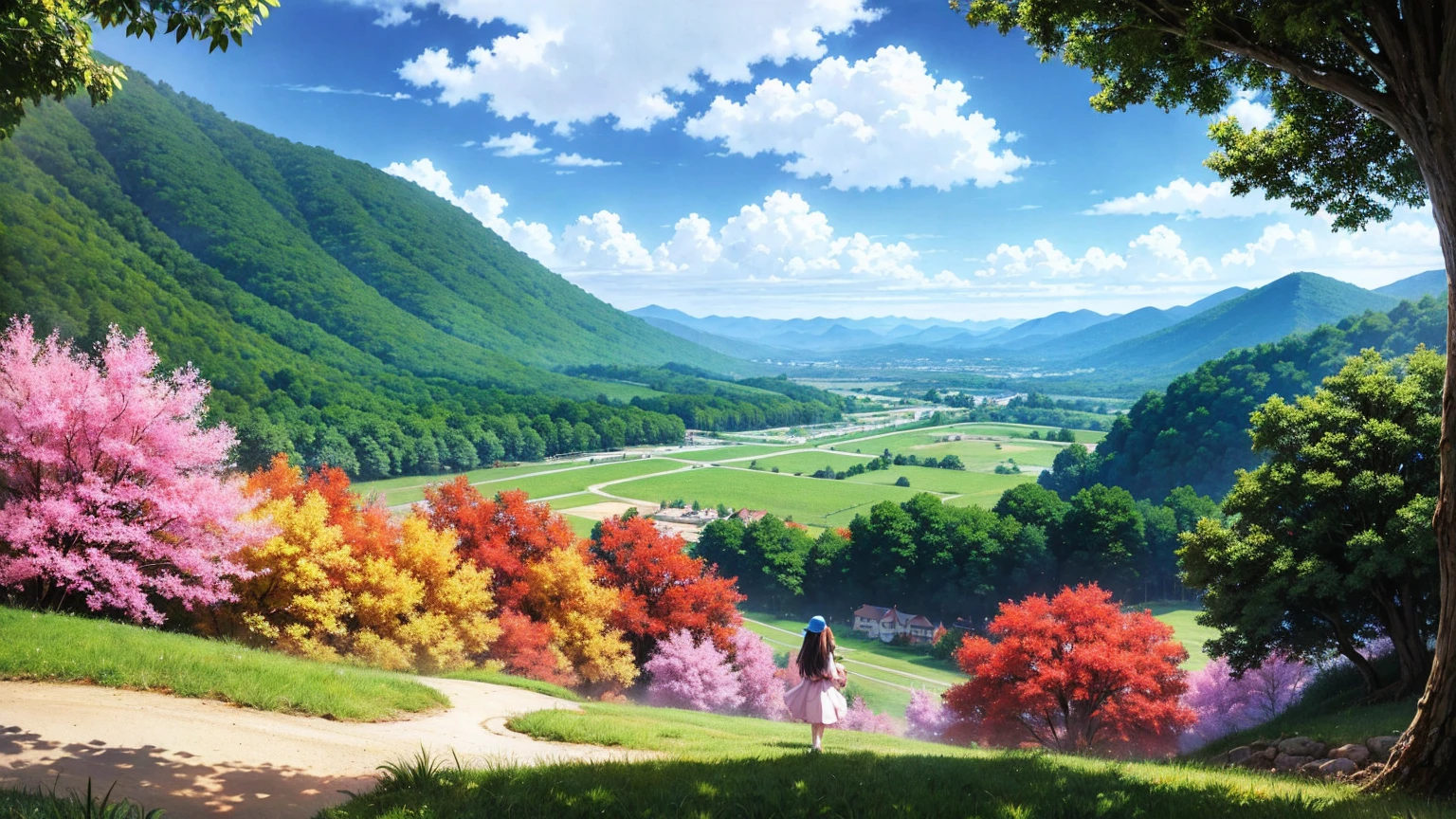 illustration de style anime, Une jeune femme debout au sommet de la colline surplombe la vaste étendue de ciel bleu clair et en dessous une grande vallée montagneuse avec des fleurs de couleurs bleues, rouges, vertes, violettes, jaunes et un monde fantastique médiéval avec des méga-bâtiments., rochers, branches d&#39;arbre, feuilles mortes, des oiseaux, La scène est représentée dans un style très saturé et vibrant, couleurs intenses et riches, rendu avec des couleurs fortes et exagérées, Le ciel au-dessus est un ciel bleu clair, L&#39;atmosphère est pleine de films en couleurs magiques, Détails élevés.
