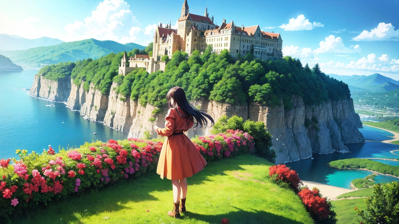 Illustration im Anime-Stil, Eine junge Frau steht auf dem Hügel und blickt auf die weite Ausdehnung des klaren blauen Himmels und darunter auf ein großes Talgebirge mit Blumen in bunten Farben wie Blau, Rot, Grün, Lila, Gelb und einer fantastischen mittelalterlichen Mega-Gebäudewelt., Felsen, Äste, Gefallene Blätter, Vögel, Die Szene ist in einem sehr gesättigten und lebendigen Stil dargestellt, intensive und satte Farben lebendig, mit stark übertriebenen Farben gerendert, Der Himmel oben ist klarer blauer Himmel, Die Atmosphäre ist voller magischer Farbfilme, Hohe Detailliertheit.
