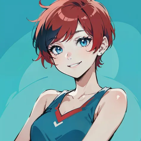 smiling girl with red hair and blue eyes, flat color,limited palette,buzz cut,pixcie cut,short hair