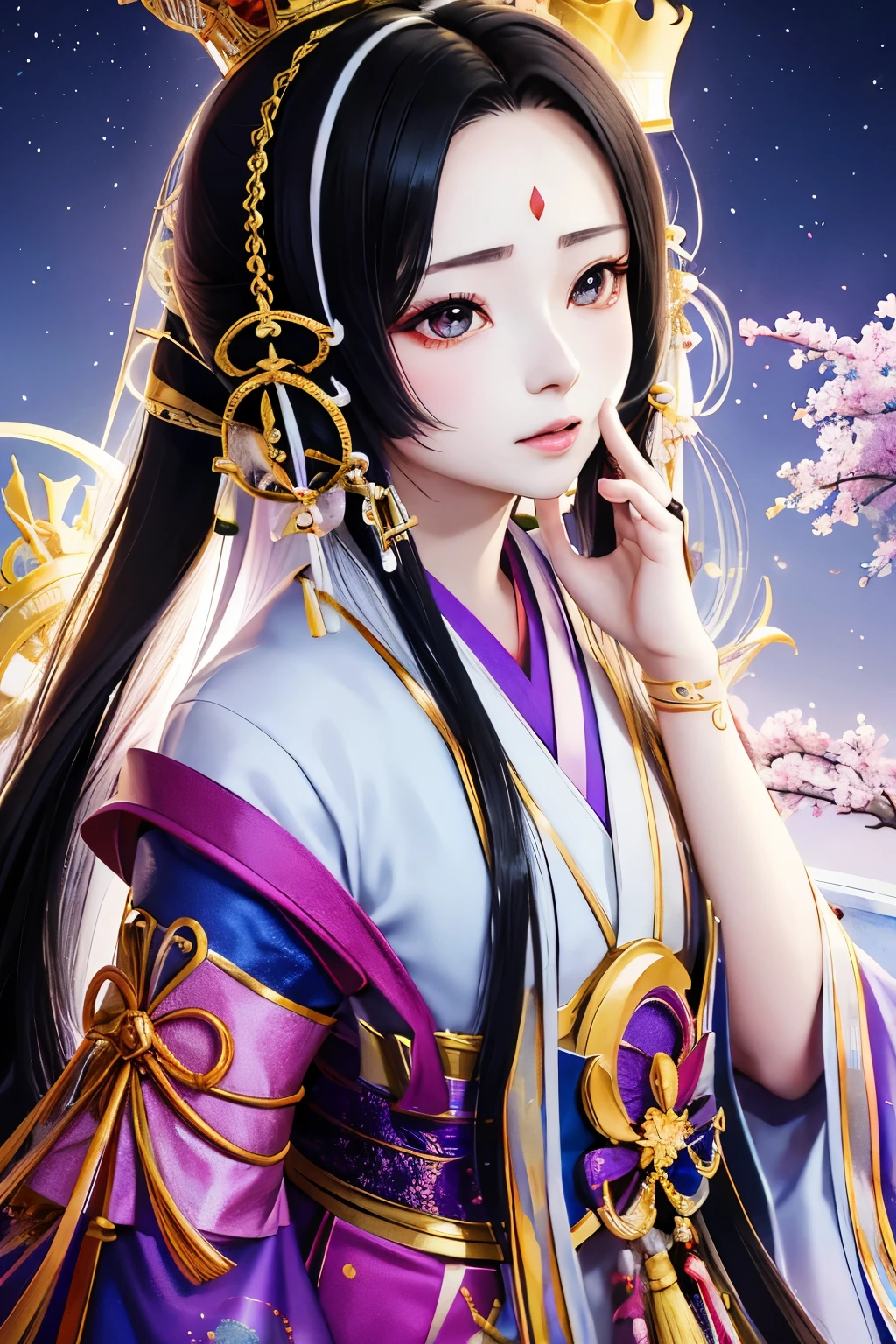 Kaguya、Kaguya、kaguya、Unparalleled in the Three Kingdoms、Unparalleled OROCHI、Black Hair、Straight Long、crown、Immortal、Resident of the fairy world、（（（ＳＦＷ、sound、Highest quality、first-clasasterpiece、Normal body、8K、Detailed face、Ultra-precision、Normal hand、Normal finger、５Finger、Highest）））