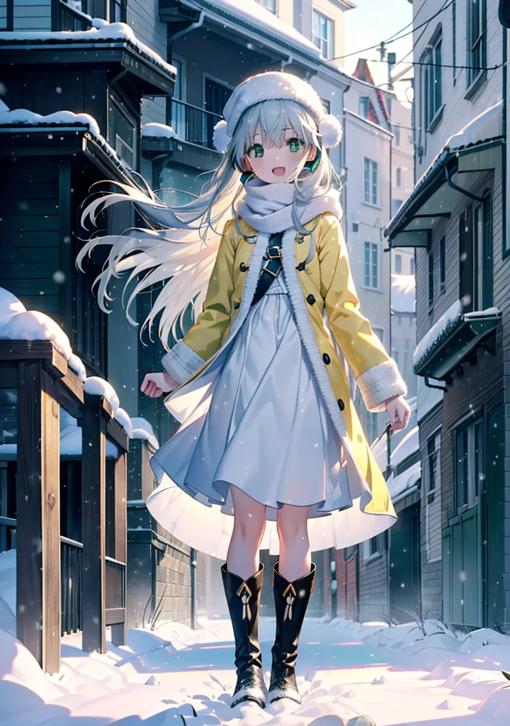 index, index, (Green Eyes:1.5), Silver Hair, Long Hair, (Flat Chest:1.2),happy smile, smile, Open your mouth,Knitted hat,Yellow long coat,White Tokkuri Sweater,Earmuffs,White scarf,Black long skirt,Black pantyhose,short boots,Walking,Snow is piled up,It&#39;s snowing,Snow Scene,Shirogane World,night,moonlight,Let the world enter your illustrations,
break looking at viewer, whole body,
break outdoors, Snow Country,Residential Street,
break (masterpiece:1.2), Highest quality, High resolution, unity 8k wallpaper, (figure:0.8), (Beautiful attention to detail:1.6), Highly detailed face, Perfect lighting, Highly detailed CG, (Perfect hands, Perfect Anatomy),