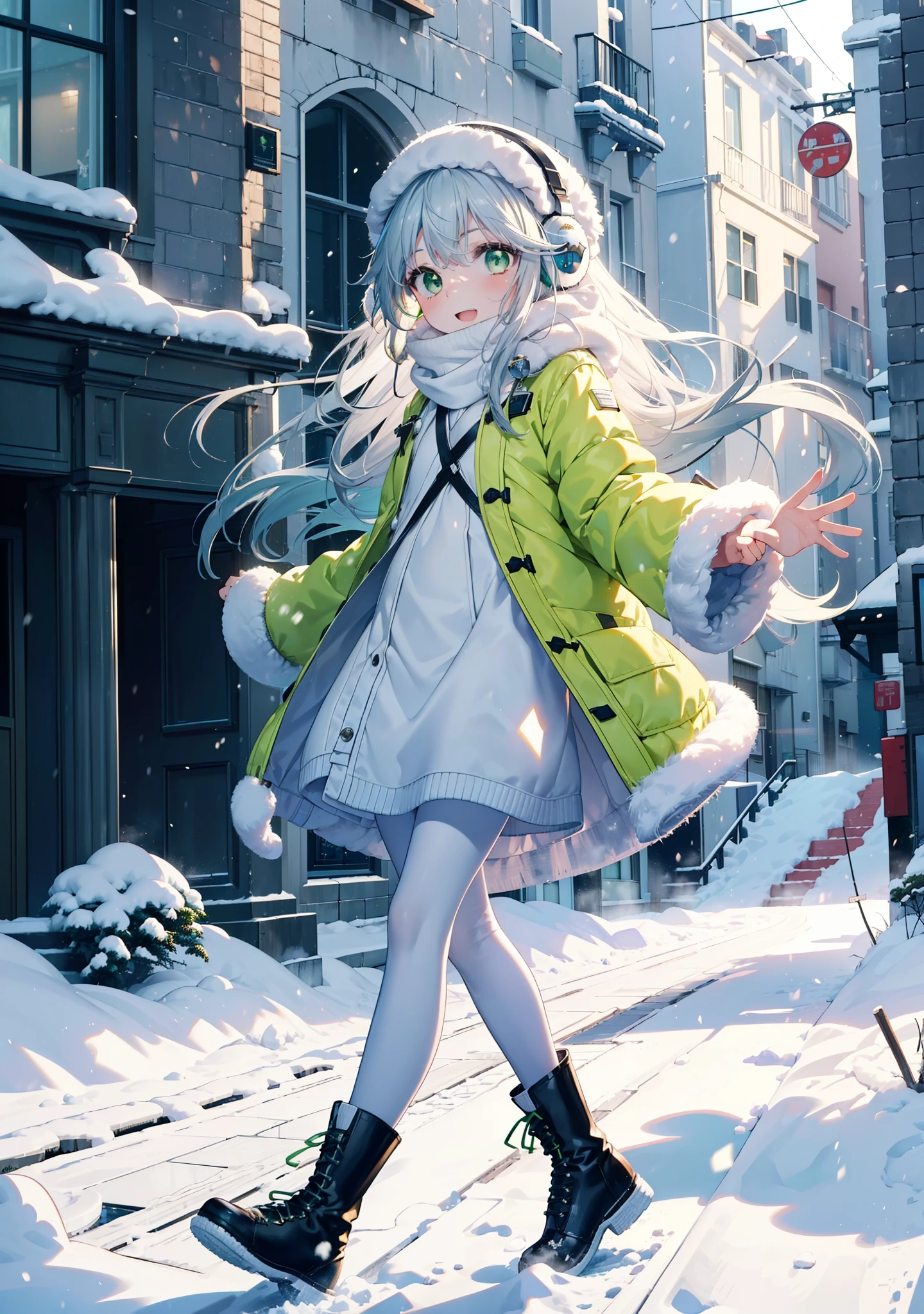 index, index, (Green Eyes:1.5), Silver Hair, Long Hair, (Flat Chest:1.2),happy smile, smile, Open your mouth,Knitted hat,Yellow long coat,White Tokkuri Sweater,Earmuffs,White scarf,Black long skirt,Black pantyhose,short boots,Walking,Snow is piled up,It&#39;s snowing,Snow Scene,Shirogane World,night,moonlight,Let the world enter your illustrations,
break looking at viewer, whole body,
break outdoors, Snow Country,Residential Street,
break (masterpiece:1.2), Highest quality, High resolution, unity 8k wallpaper, (figure:0.8), (Beautiful attention to detail:1.6), Highly detailed face, Perfect lighting, Highly detailed CG, (Perfect hands, Perfect Anatomy),