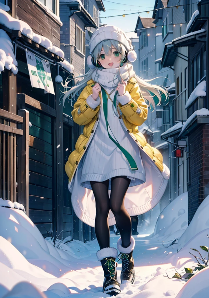 index, index, (Green Eyes:1.5), Silver Hair, Long Hair, (Flat Chest:1.2),happy smile, smile, Open your mouth,Knitted hat,Yellow long coat,White Tokkuri Sweater,Earmuffs,White scarf,Black long skirt,Black pantyhose,short boots,Walking,Snow is piled up,It&#39;s snowing,Snow Scene,Shirogane World,night,moonlight,Let the world enter your illustrations,
break looking at viewer, whole body,
break outdoors, Snow Country,Residential Street,
break (masterpiece:1.2), Highest quality, High resolution, unity 8k wallpaper, (figure:0.8), (Beautiful attention to detail:1.6), Highly detailed face, Perfect lighting, Highly detailed CG, (Perfect hands, Perfect Anatomy),