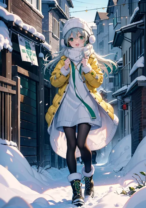 index, index, (Green Eyes:1.5), Silver Hair, Long Hair, (Flat Chest:1.2),happy smile, smile, Open your mouth,Knitted hat,Yellow ...