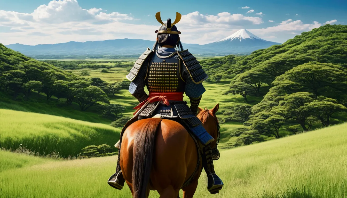 Manga style,Illustrated style,Traditional Japanese samurai armor,Back view,Japanese Landscape,Summer steppe,Fresh greenery,Samurai on horseback,Vibrant colors,Serene atmosphere