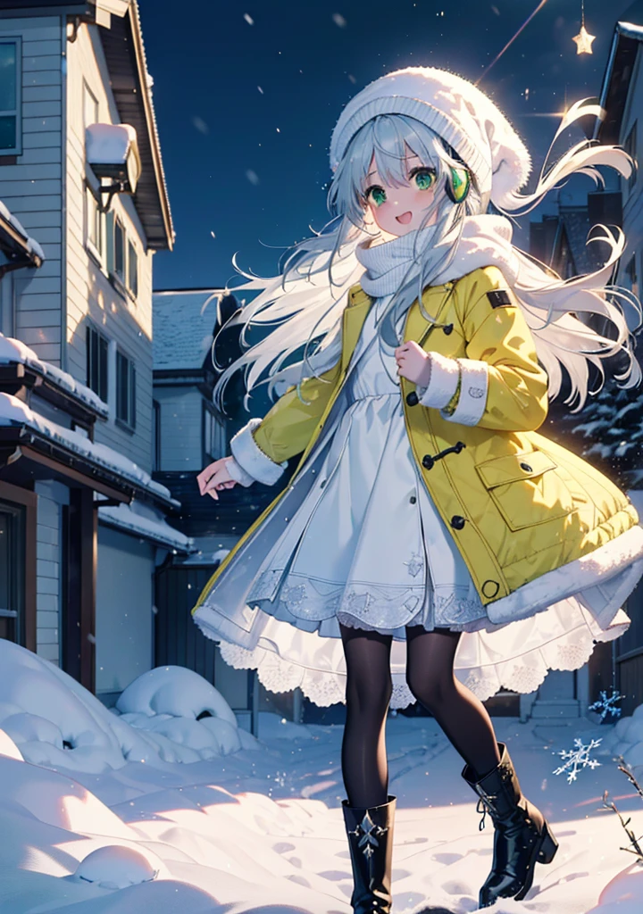 index, index, (Green Eyes:1.5), Silver Hair, Long Hair, (Flat Chest:1.2),happy smile, smile, Open your mouth,Knitted hat,Yellow long coat,White Tokkuri Sweater,Earmuffs,White scarf,Black long skirt,Black pantyhose,short boots,Walking,Snow is piled up,It&#39;s snowing,Snow Scene,Shirogane World,night,moonlight,Let the world enter your illustrations,
break looking at viewer, whole body,
break outdoors, Snow Country,Residential Street,
break (masterpiece:1.2), Highest quality, High resolution, unity 8k wallpaper, (figure:0.8), (Beautiful attention to detail:1.6), Highly detailed face, Perfect lighting, Highly detailed CG, (Perfect hands, Perfect Anatomy),