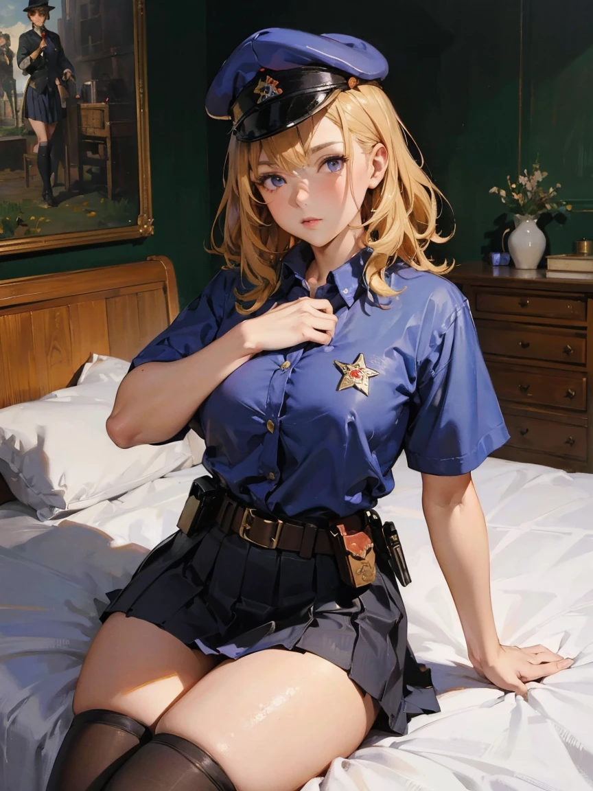 1girl, SamuraiC, action pose, japanese armor, helmet, east asian architecture, best quality, masterpiece, highres　sexy,alone,girl,(wavy hair,blonde hair),(Thigh meat),
(school uniform:1.2),baggy socks,
Lie,
on the bed,  , photorealistic, 8k、Realistic Skin Texture、Superrealism、Automatic rifle、Dodgers cap  masterpiece, best quality, highres 
solo, 1girl, cowboy shot, :o
p38 \(girls' frontline\), p38original, brown hair, purple eyes, (garrison cap:1.2), military uniform, short sleeves, pleated skirt, belt pouch, iron cross medal, thighhighs, holding gun, handgun, walther　　art by (Carl Larsson:1.2),(post-Impressionist),,((oil painting)),soft lighting,COOL,cammy sf6, 1girl,solo,blonde hair, short hair,Absurd resolution, A high resolution, (tmasterpiece:1.4), ((gigantic braests)), ultra - detailed, 1girll, brown color eyes, cabelos preto e longos，Wear a police uniform and a short skirt, the city street,sexyposture, The camera is close to the body