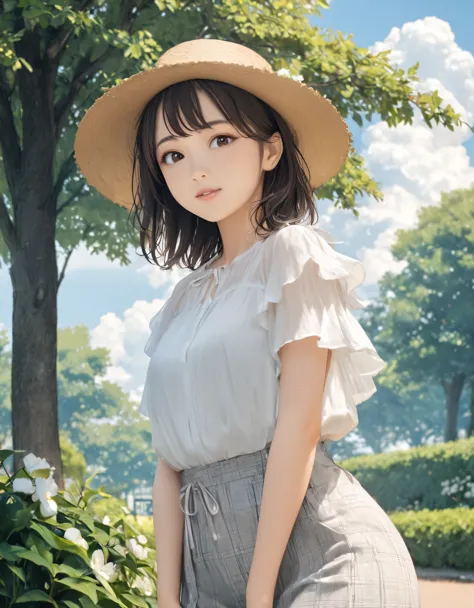 (best quality:1.2), 1girl, ueno park, cumulonimbus, blouse, summer, cowboy shot, shoot from front