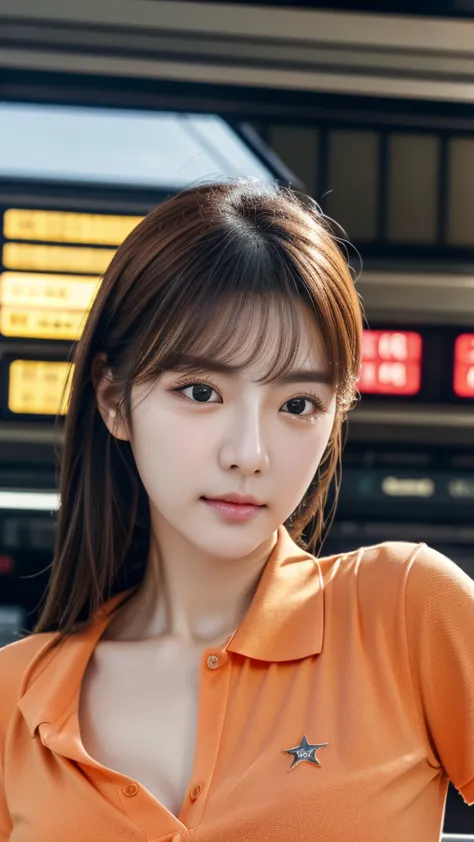 realistic photos (1 cute korean star) reverse hair, light makeup, middle breast size, orange polo shirt, at the train station, c...