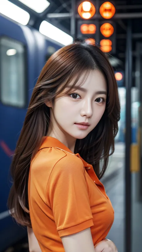 realistic photos (1 cute korean star) reverse hair, light makeup, middle breast size, orange polo shirt, at the train station, c...