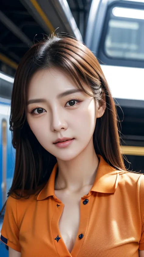 realistic photos (1 cute korean star) reverse hair, light makeup, middle breast size, orange polo shirt, at the train station, c...