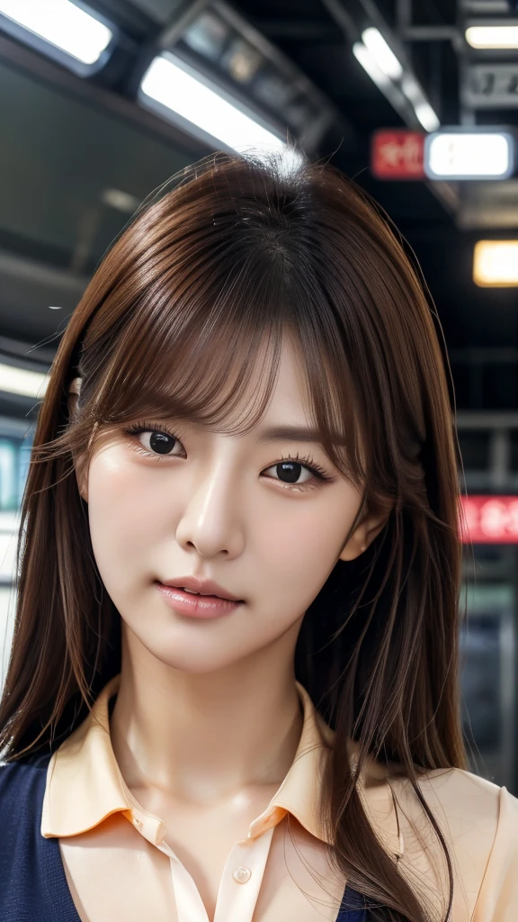 Realistic photos (1 cute Korean star) Reverse hair, light makeup, Middle breast size, Orange polo shirt, At the train station, Canon EOS Clear Facial Features, 16K, High resolution, Sharp and realistic details,  Exposure, interrupt, 超High resolution, High resolution, Highest quality