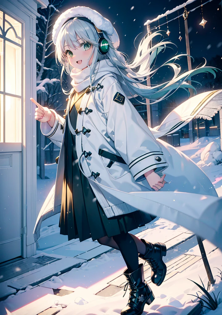 index, index, (Green Eyes:1.5), Silver Hair, Long Hair, (Flat Chest:1.2),happy smile, smile, Open your mouth,Knitted hat,Yellow long coat,White Tokkuri Sweater,Earmuffs,White scarf,Black long skirt,Black pantyhose,short boots,Walking,Snow is piled up,It&#39;s snowing,Snow Scene,Shirogane World,night,moonlight,Let the world enter your illustrations,
break looking at viewer, whole body,
break outdoors, Snow Country,Residential Street,
break (masterpiece:1.2), Highest quality, High resolution, unity 8k wallpaper, (figure:0.8), (Beautiful attention to detail:1.6), Highly detailed face, Perfect lighting, Highly detailed CG, (Perfect hands, Perfect Anatomy),