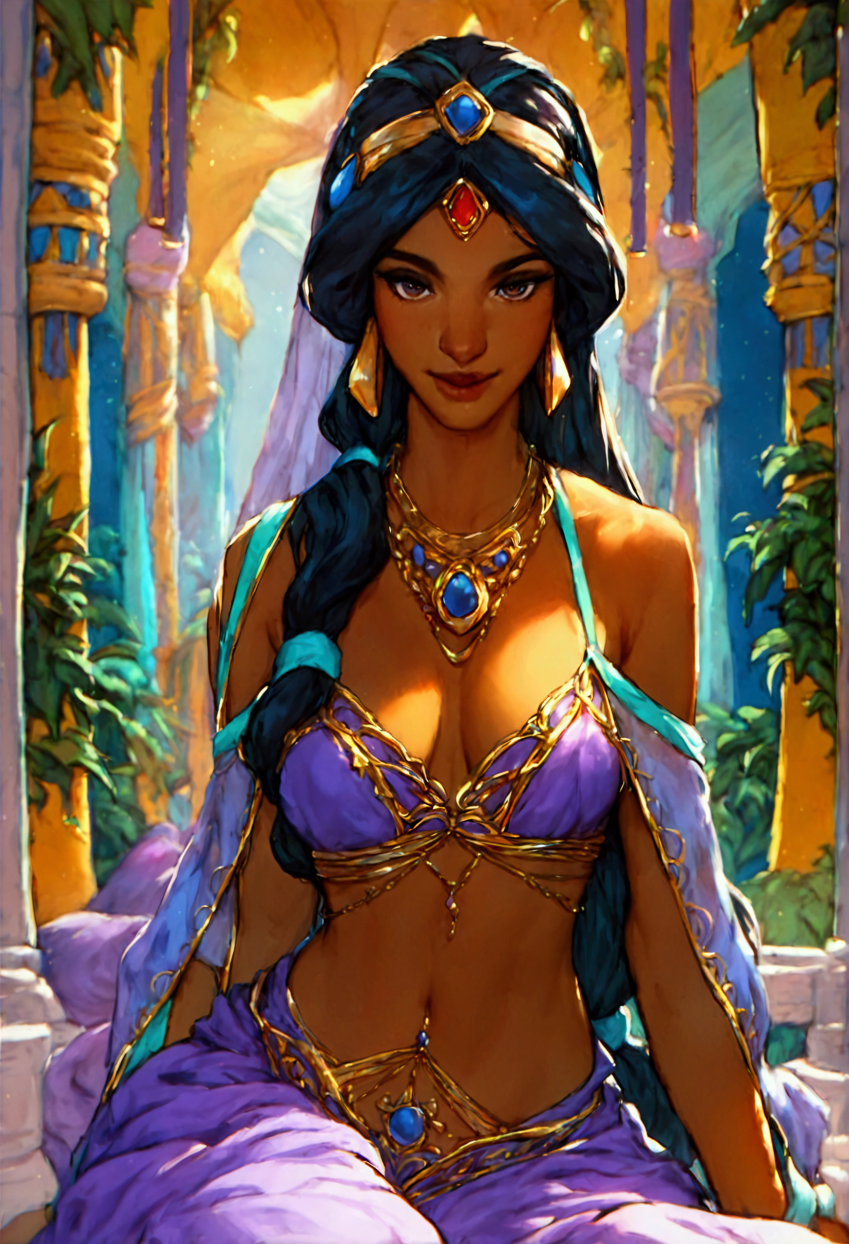 score_9, score_8_up, score_7_up, (solo close-up of Princess Jasmine:1.5) in (dynamic pose:1.0) on balcony of (Arabian palace:1.2), dark-skinned beauty, perfect face, ornate columns, starlit romantic sky, (architecture with intricate design and verdant vegetation), bright colors, (cartoon artstyle with bold lines:1.3), (warm ambient:1.2), rating_safe.