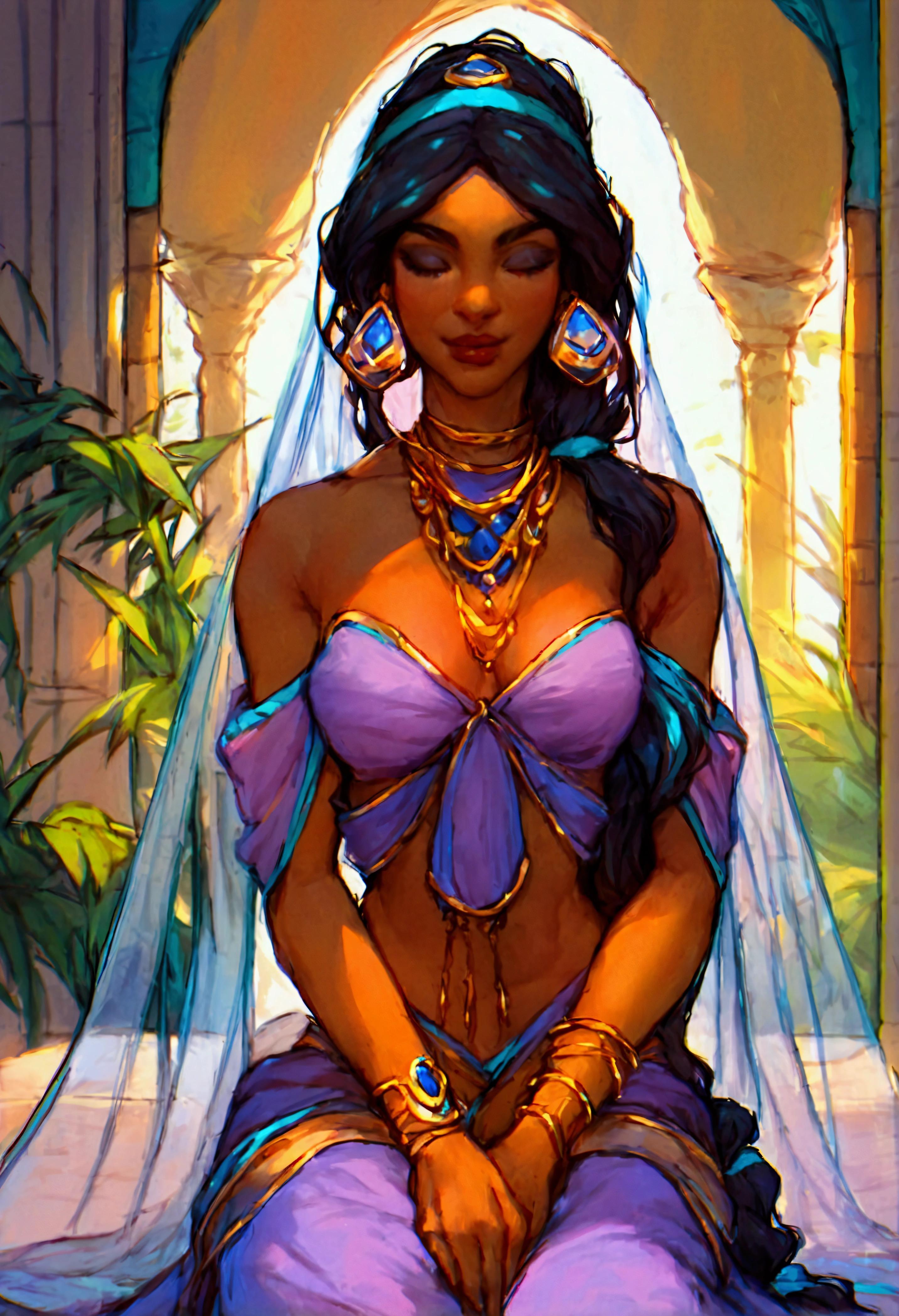 score_9, score_8_up, score_7_up, (solo close-up of Princess Jasmine:1.5) in (dynamic pose:1.0) on balcony of (Arabian palace:1.2), dark-skinned beauty, perfect face, ornate columns, starlit romantic sky, (architecture with intricate design and verdant vegetation), bright colors, (cartoon artstyle with bold lines:1.3), (warm ambient:1.2), rating_safe.