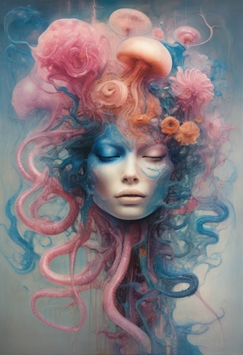 there is a painting of a jellyfish with a flower on it, inspired by Earnst Haeckel, flowing tendrils, alberto seveso and dan mccaw, inspired by Alberto Seveso, anatomical fractal, inspired by Hans Bellmer, visible nervous , nerve , nerves, inspired by Ernst Haeckel, blue an pink color