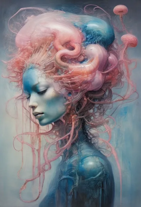 there is a painting of a jellyfish with a flower on it, inspired by earnst haeckel, flowing tendrils, alberto seveso and dan mcc...