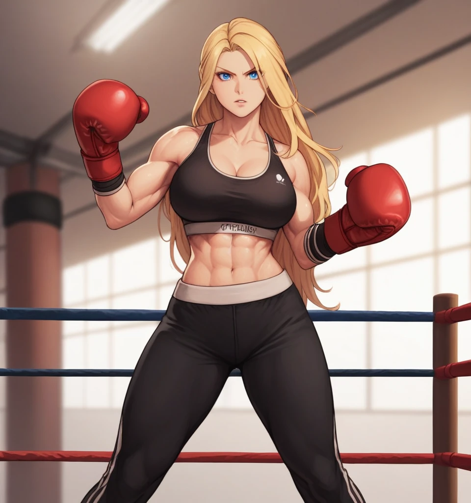 score_9, score_8_up, score_7_up, score_6_up, Detailed Background, BREAK
 Samusaran,1girl, long hair, sports bra,long black pants,boxing stance, blonde hair, blue eyes, BREAK
Boxing ring, boxing gloves