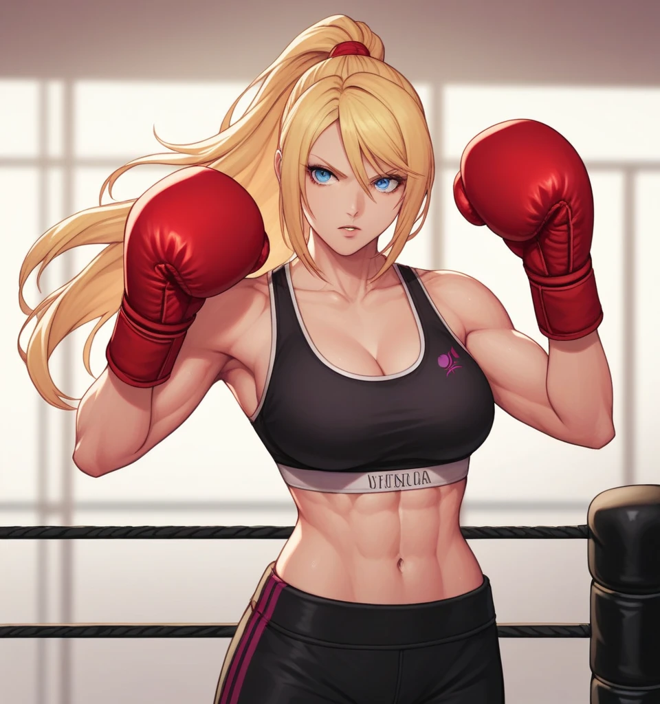 score_9, score_8_up, score_7_up, score_6_up, Detailed Background, BREAK
 Samusaran,1girl, long hair, sports bra,long black pants,boxing stance, blonde hair, blue eyes, BREAK
Boxing ring, boxing gloves