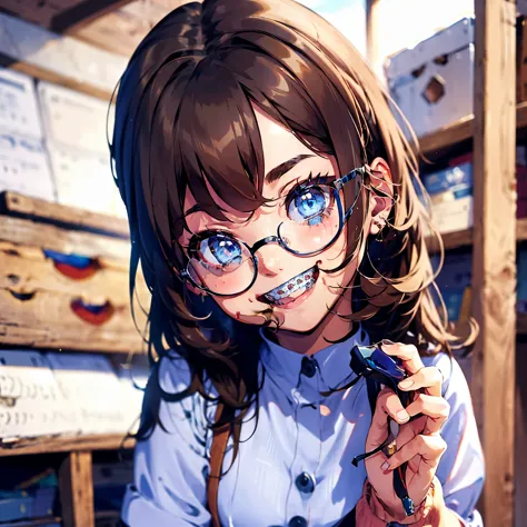 1girl, seductive eyes, braces, glasses, smiling, cute, face focus, blue eyes, blush, brown hair, best quality, masterpiece, high...