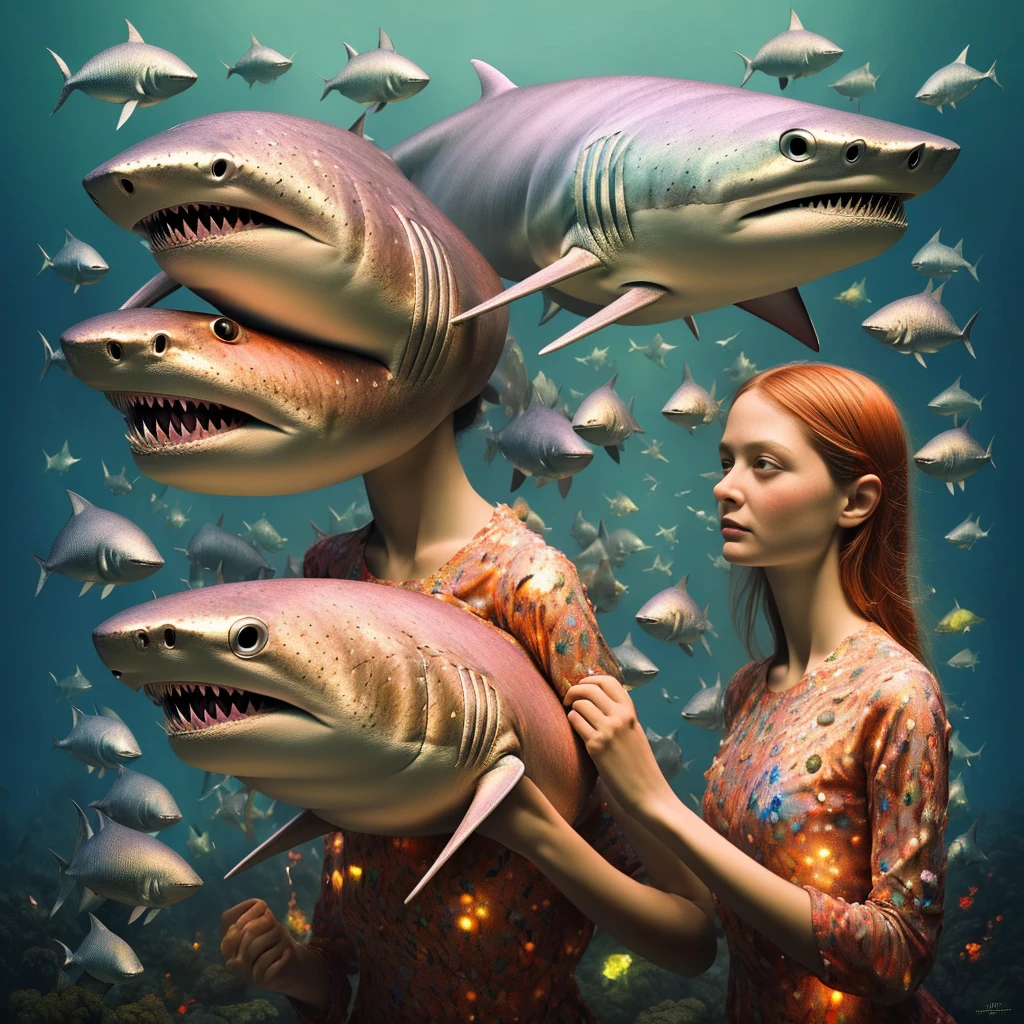 A mesmerizing, hyper-realistic masterpiece by Esao Andrews featuring a unique girl morphine shark creature like no other. The sharkgirl, with her slender, bioluminescent body, is a stunning sight to behold, adorned with multi-colored neon dots that glow brilliantly. Her translucent skin reveals her complex internal structure, while her small, round appendages function as arms, tenderly embracing her otherworldly fish-like face. Esao Andrews' exceptional artistic skills transport the viewer into a world of wonder and mystique, where this enigmatic creature captivates the imagination.