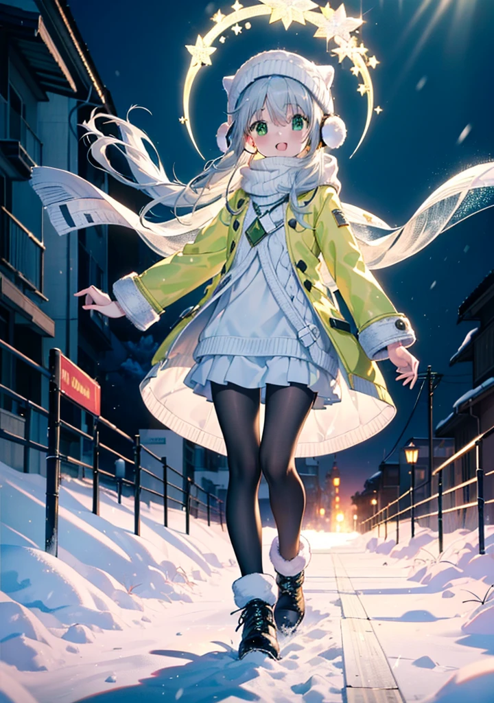 index, index, (Green Eyes:1.5), Silver Hair, Long Hair, (Flat Chest:1.2),happy smile, smile, Open your mouth,Knitted hat,Yellow long coat,White Tokkuri Sweater,Earmuffs,White scarf,Black long skirt,Black pantyhose,short boots,Walking,Snow is piled up,It&#39;s snowing,Snow Scene,Shirogane World,night,moonlight,Let the world enter your illustrations,
break looking at viewer, whole body,
break outdoors, Snow Country,Residential Street,
break (masterpiece:1.2), Highest quality, High resolution, unity 8k wallpaper, (figure:0.8), (Beautiful attention to detail:1.6), Highly detailed face, Perfect lighting, Highly detailed CG, (Perfect hands, Perfect Anatomy),