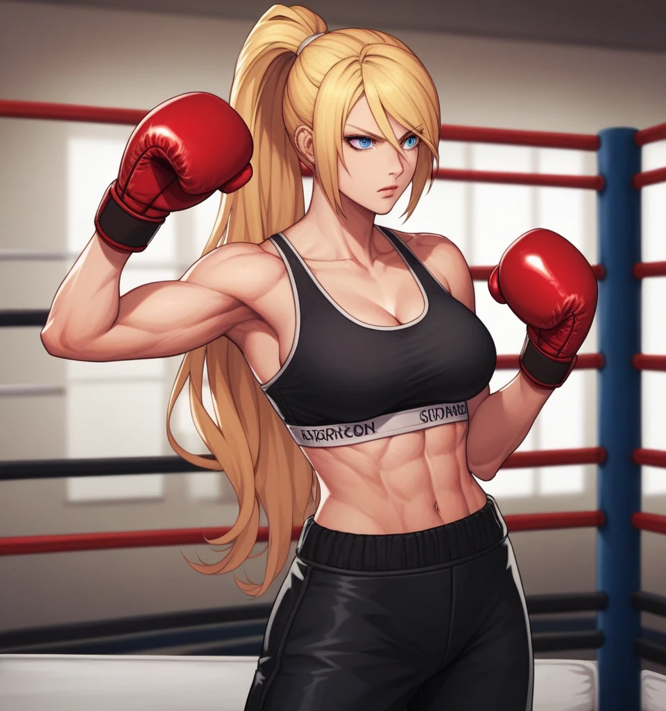 score_9, score_8_up, score_7_up, score_6_up, Detailed Background, BREAK
 Samusaran,1girl, long hair, sports bra,long black pants,boxing stance, blonde hair, blue eyes, BREAK
Boxing ring, boxing gloves