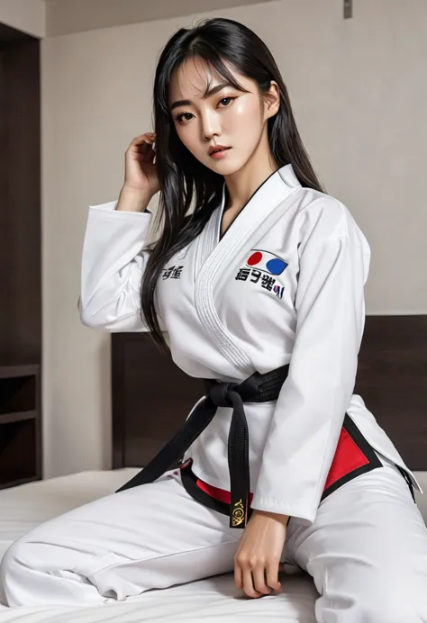 masterpiece, ultra details, best quality, 1 korean taekwondo girl, masterpiece, ultra details, best quality, black long straight...