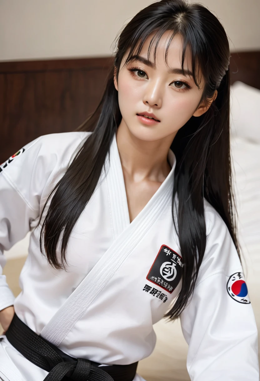 masterpiece, ultra details, best quality, 1 korean taekwondo girl, masterpiece, ultra details, best quality, black long straight hair, wearing sweaty white World Taekwondo Federation dobok uniform with black v-neck, wearing taekwondo blackbelt, wearing white martial arts pants without pockets, large sweaty butt, large breasts, laying on wet hotel bed showing butt, sweat on face