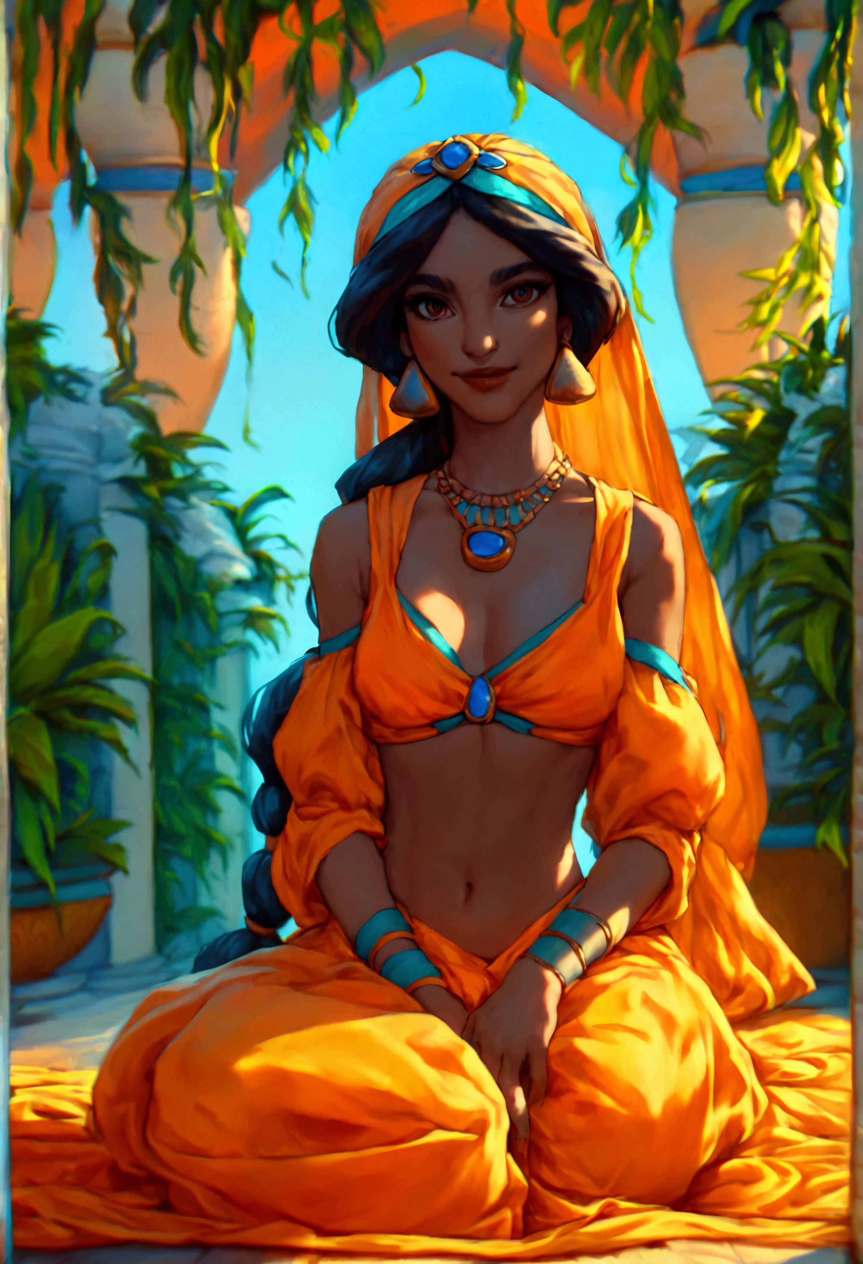 score_9, score_8_up, score_7_up, (solo close-up of Princess Jasmine:1.5) in (dynamic pose:1.0) on balcony of (Arabian palace:1.2), dark-skinned beauty, perfect face, ornate columns, starlit romantic sky, (architecture with intricate design and verdant vegetation), bright colors, (cartoon artstyle with bold lines:1.3), (warm ambient:1.2), rating_safe.