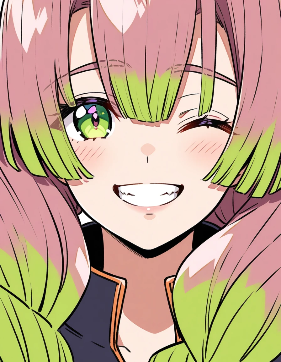 Mitsuri kanroji, smiling, half body, portrait, teeth, eyes closed - SeaArt  AI